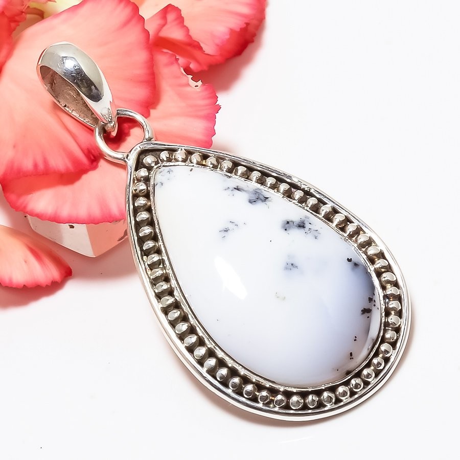 Dendritic Opal Ethnic Gemstone 925 Silver Plated Pendant 2.15″ T10