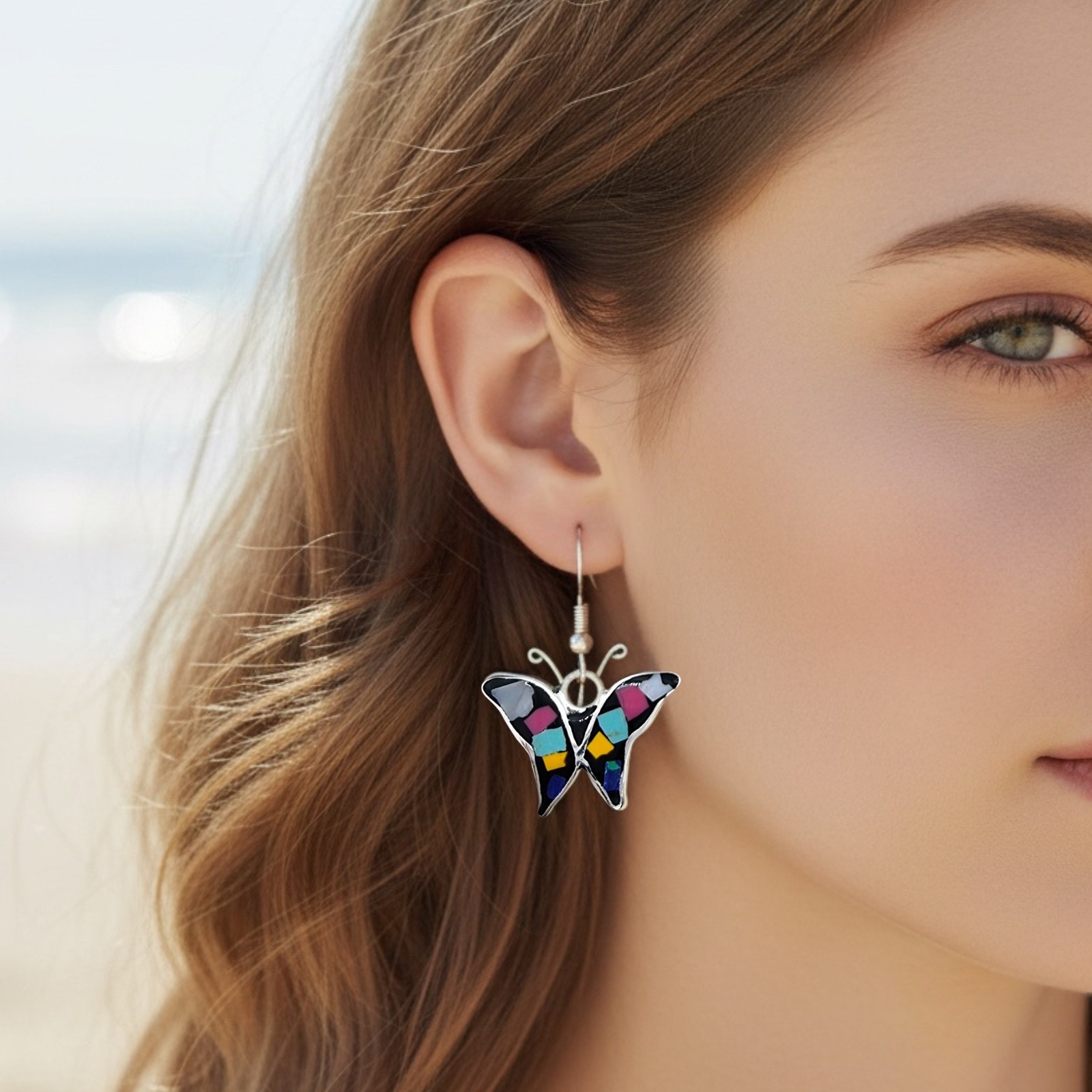 Mexican Butterfly Mosaic Earrings – Multicolour Shell Inlay Dangle 3.5cm Handmad