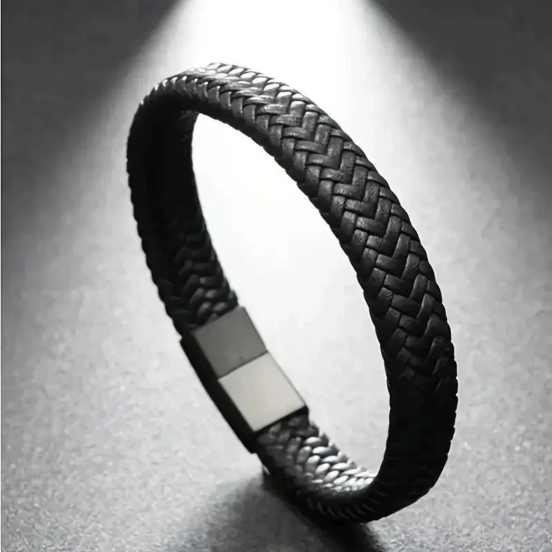 Men’s Black PU Leather Magnetic Bracelet Stylish Cuff Bangle Jewelry Gift