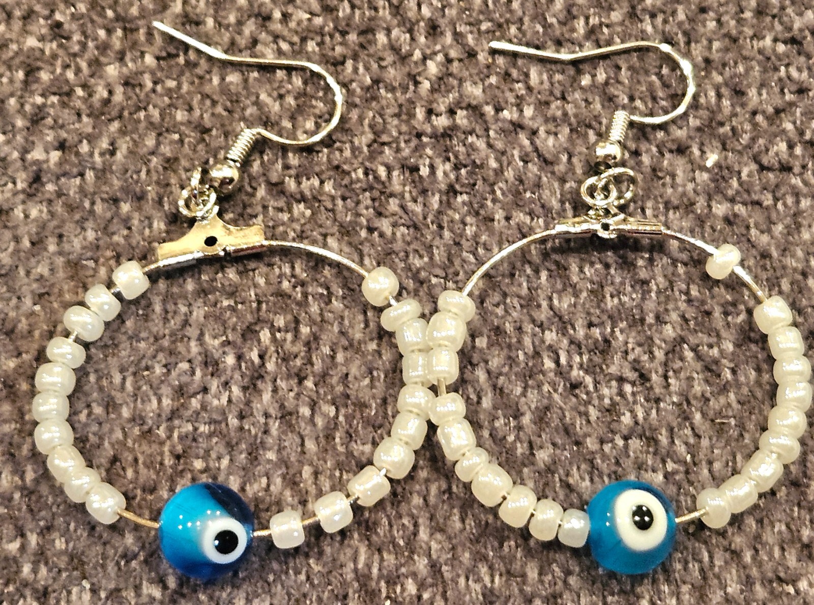 EVIL EYE 7 DIF COLOR GLASS BEAD HANDMADE HOOP EARRINGS W/LITTLE PEARLS GOOD LUCK
