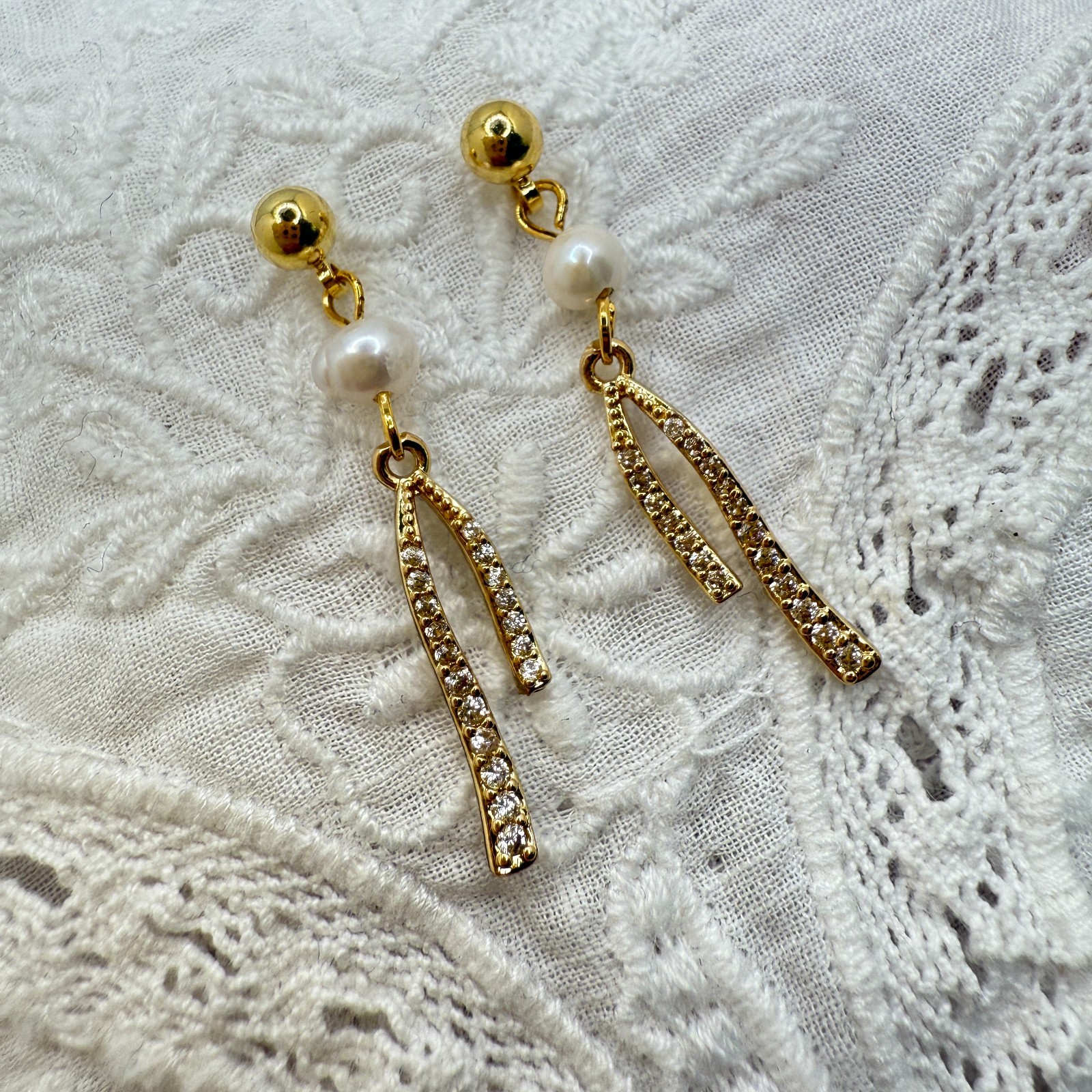Natural Freshwater Pearl Earrings 14K Gold Plated Ribben Zircon Drop Handmade