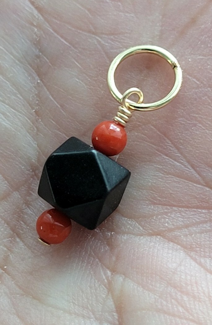Autentic Azabache 6mm Pendant and Red Coral Goldfilled