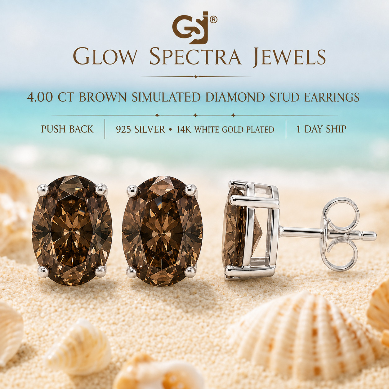 4 CT Ovel Solitaire Brown Stud Erring Pus Back 925 Silver 14k White Gold Plated