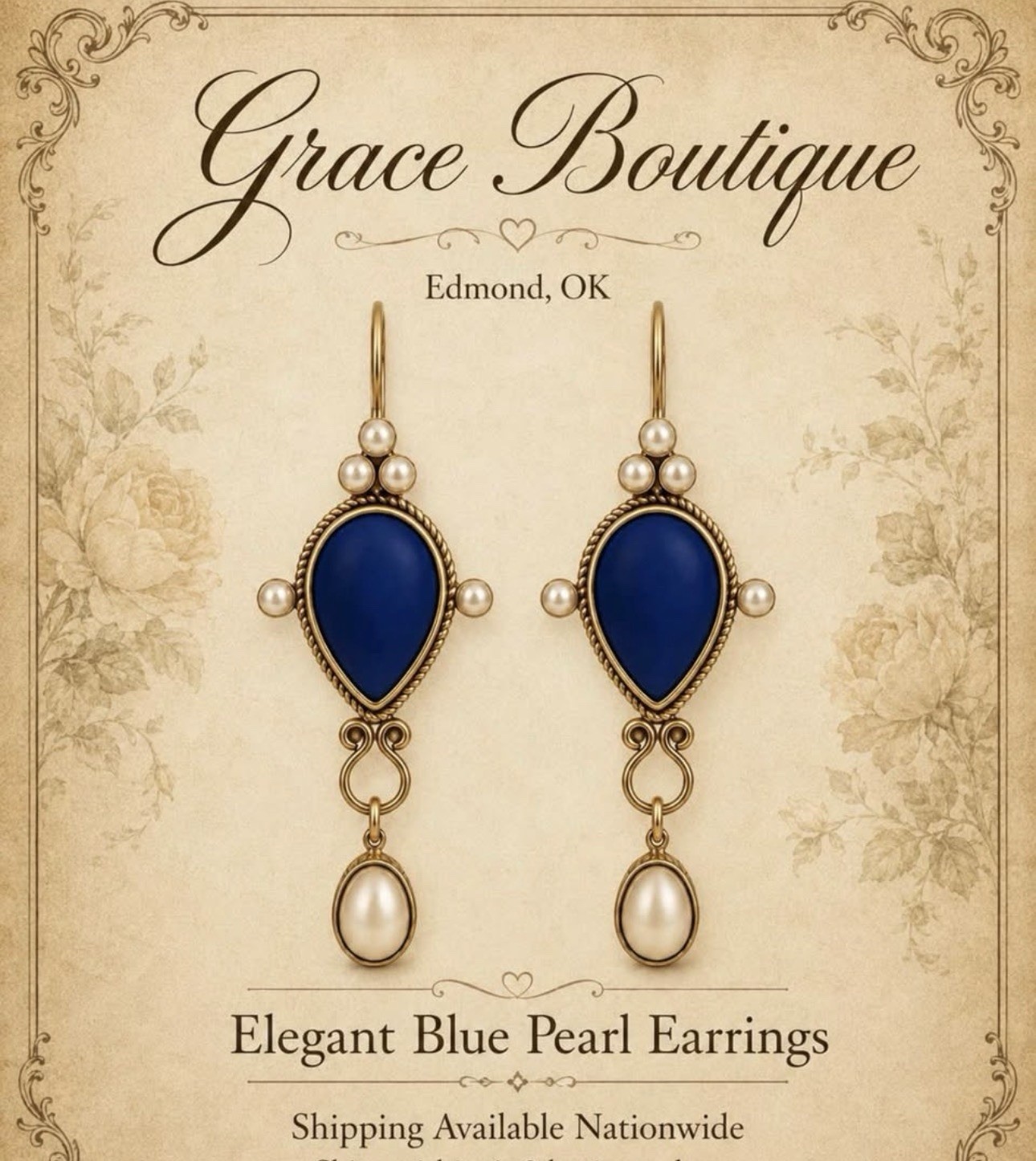 Grace Boutique Teardrop Dangle Drop Earrings Gold Tone Blue White Pearl Hook