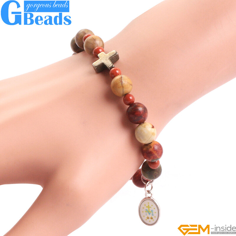 Handmade Assorted Stones Prayer Rosary Bracelet With Pyrite Corss Free Shipping