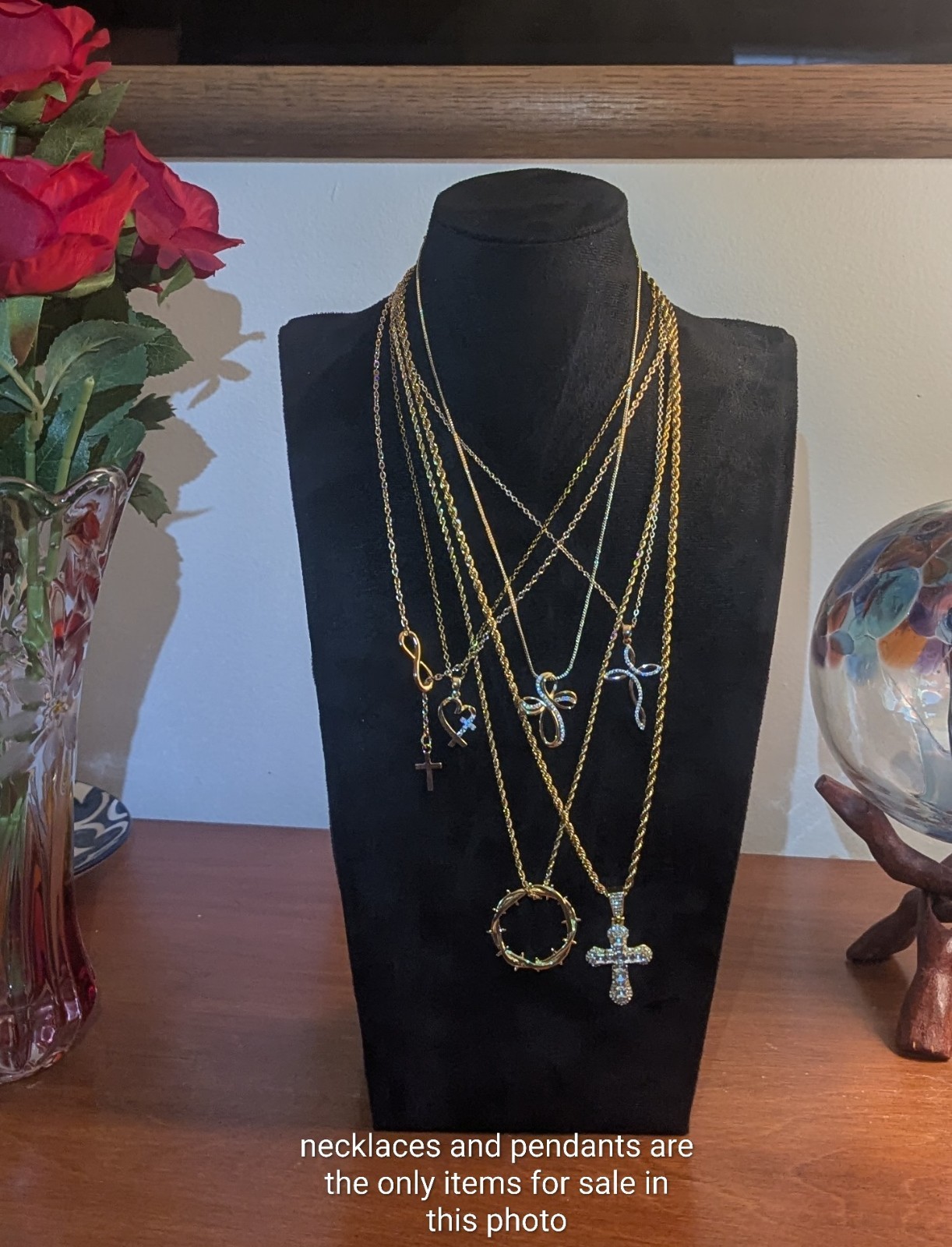 6 Gold Tone Christian Cross and Crown Synthetic Gemstone Necklace & Pendants