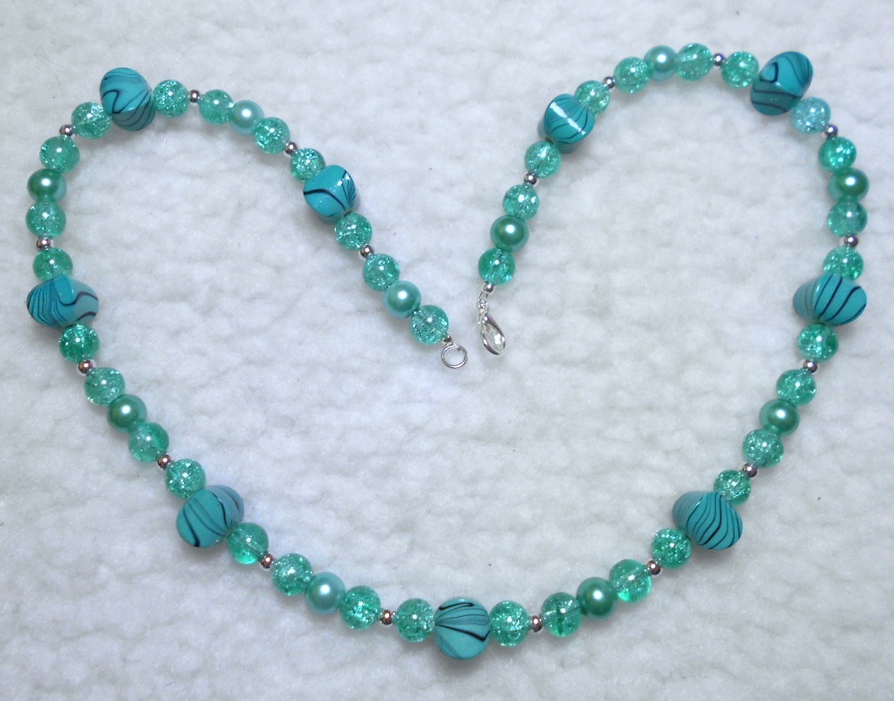 21.5″, 55cm Beaded Necklace, Aqua glass beads, Aqua acrylic. Handmade. (1C1)