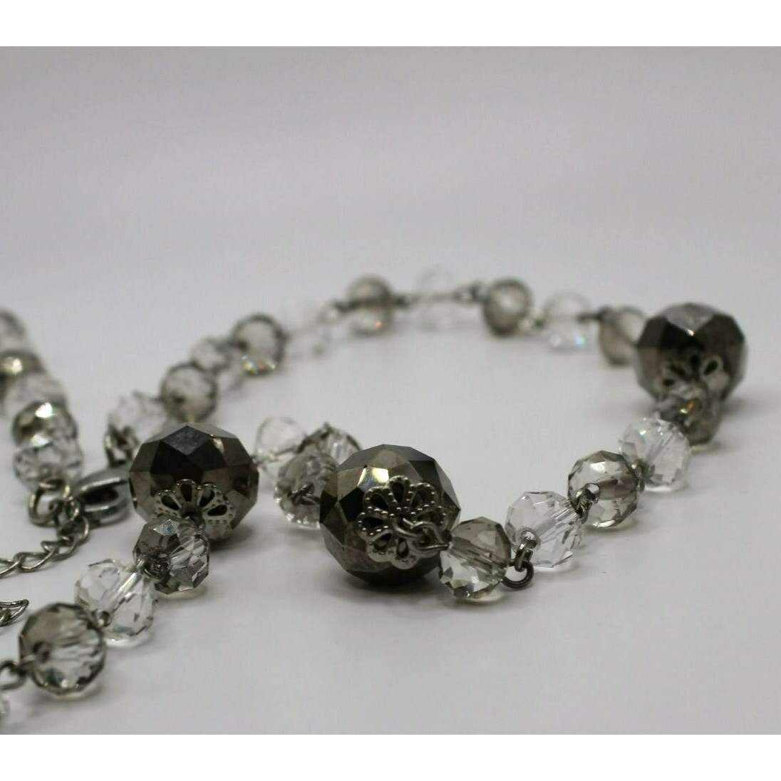 Glass Silver Gray Clear Faceted Beads Silver Tone Long Necklace 15″ Silver Tone