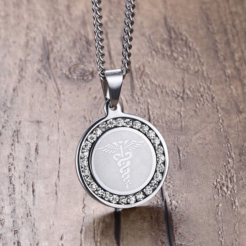 Silver Women Men Medical Alert ID Necklace Pendant Cubic Zirconia Free Engraving