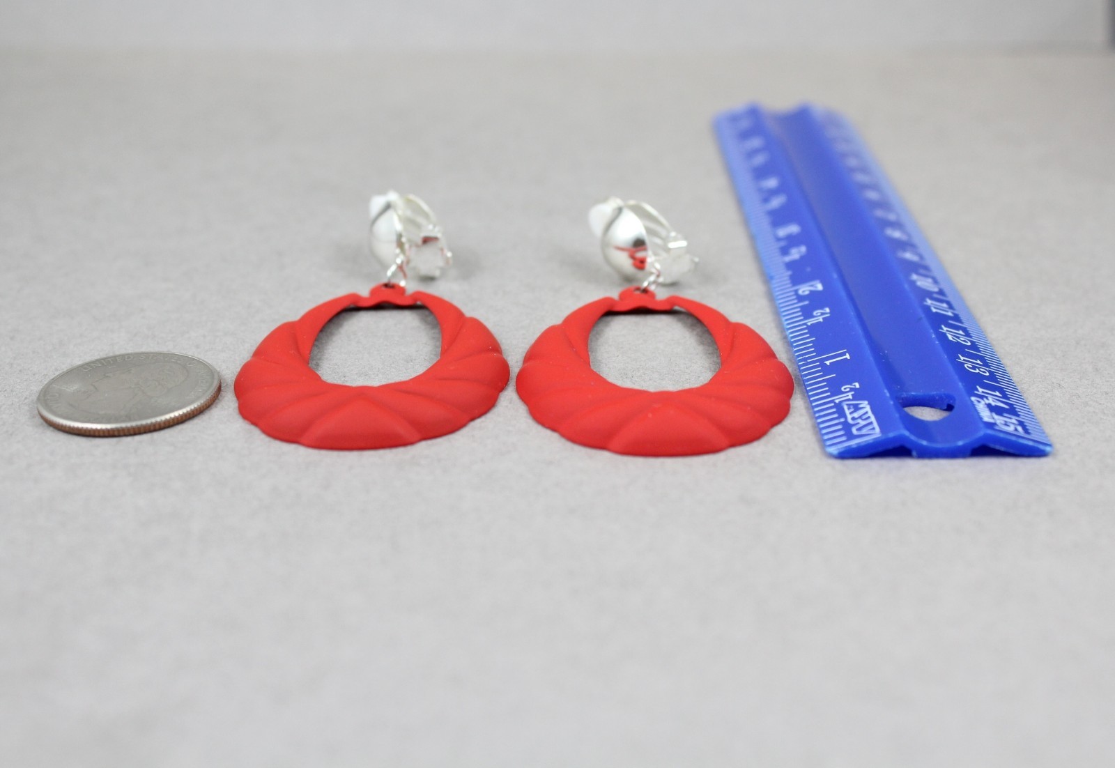 Red oval teardrop Clip On earrings pendant clips 2.75″ long lightweight
