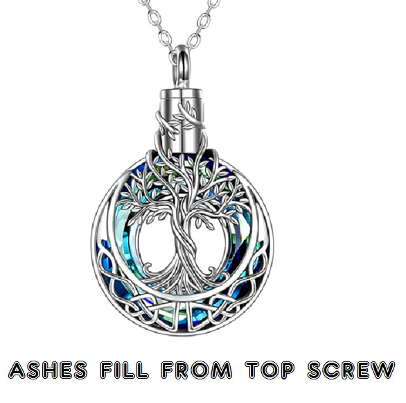 BLUE CZ CREMATION URN ASH TREE LIFE pendant on 22″ 925 Sterling Silver Necklace