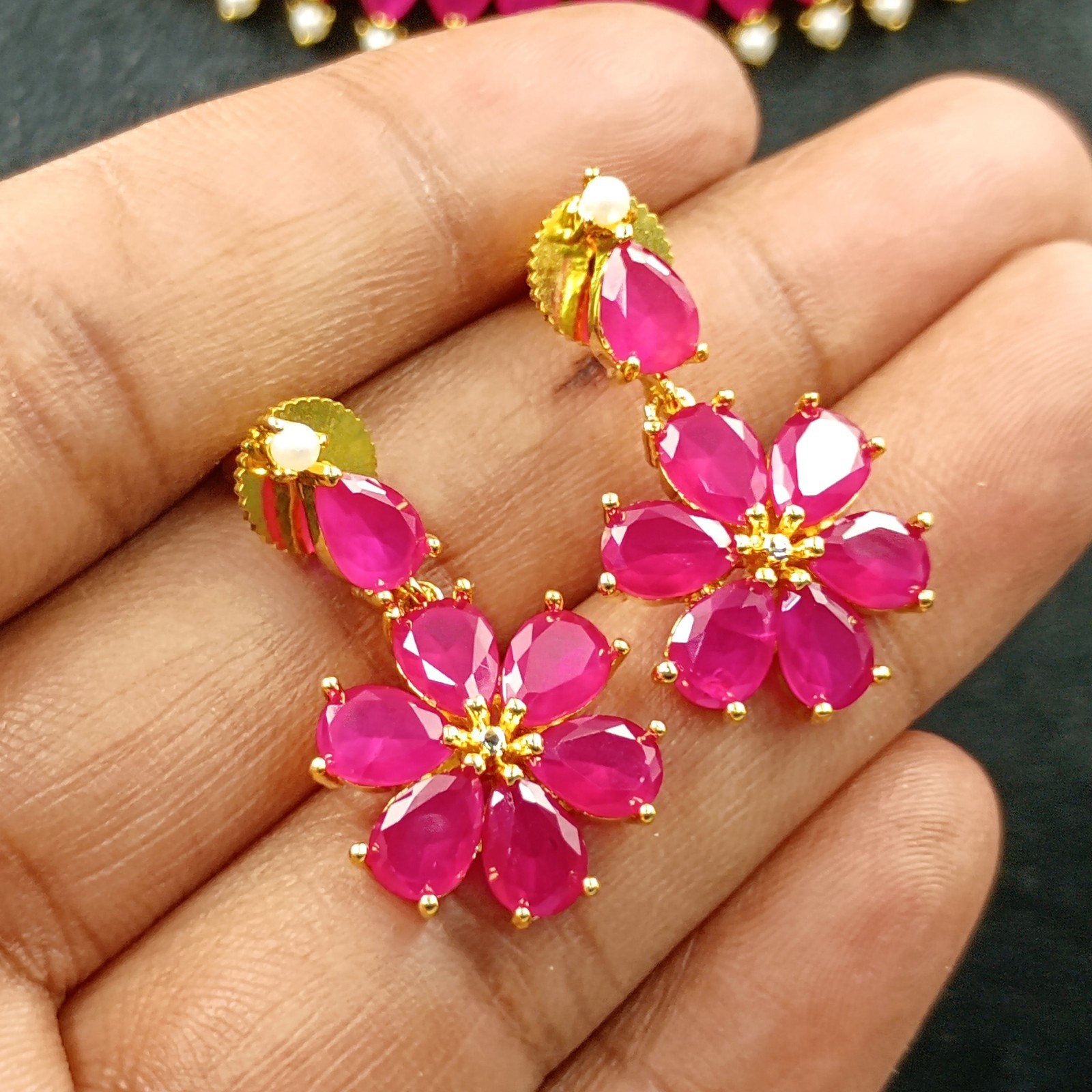Ruby Pearl Necklace Set 22K Gold Plated Red Gemstone Anniversary Gift her