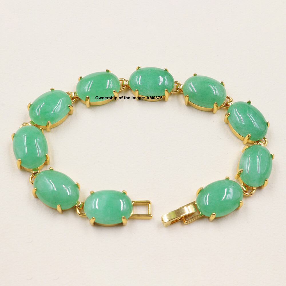 18K Gold Plated Alloy Heated Green Jade Oval Gemstone Bracelet Gift 7.08INCH