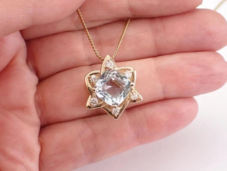 Cushion Cut Simulated Aquamarine Star Pendant Chain In 14k Yellow Gold Plated