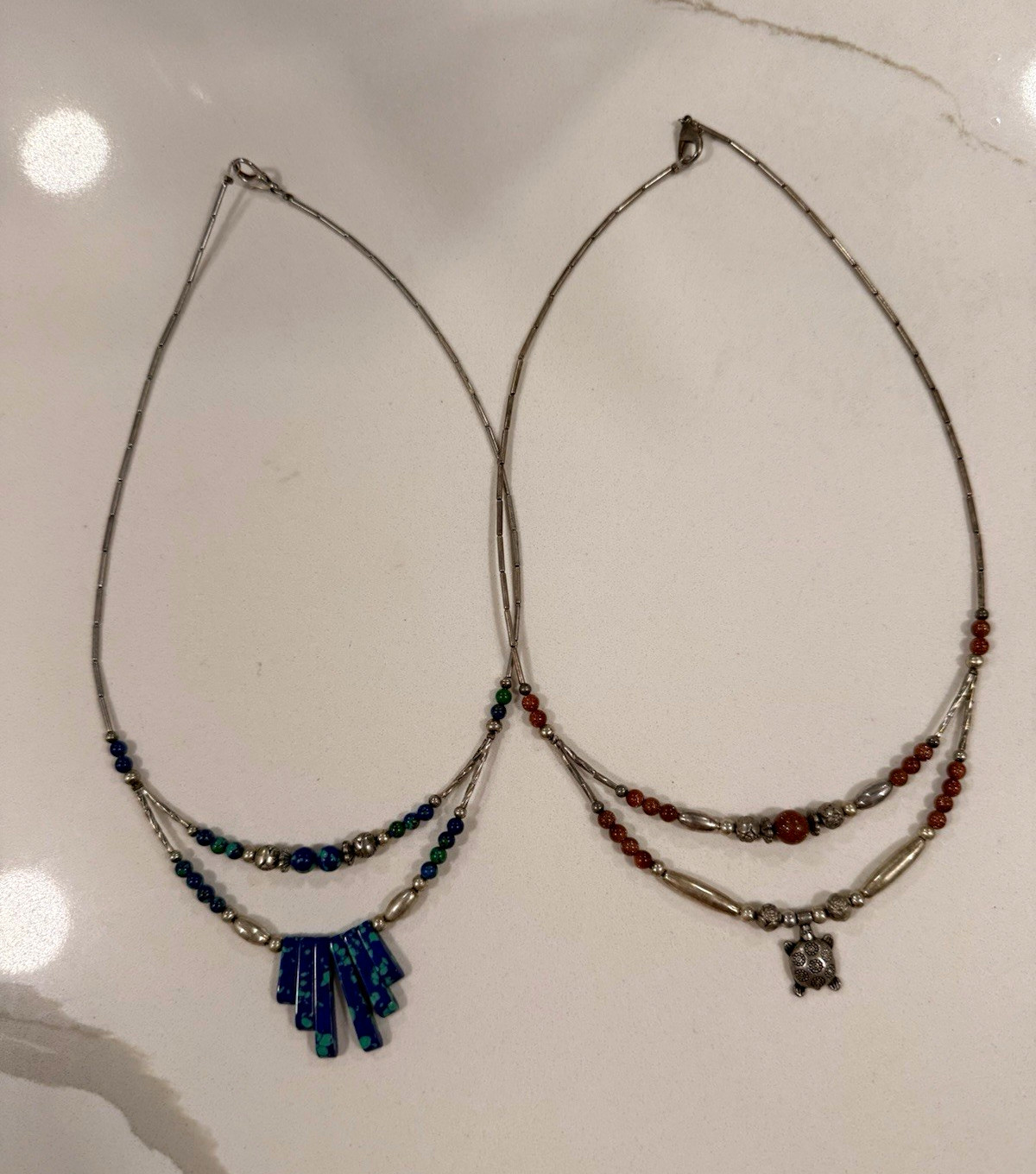2 Handmade Mexican Multistrand Beaded Pendant Necklaces Silver Tone