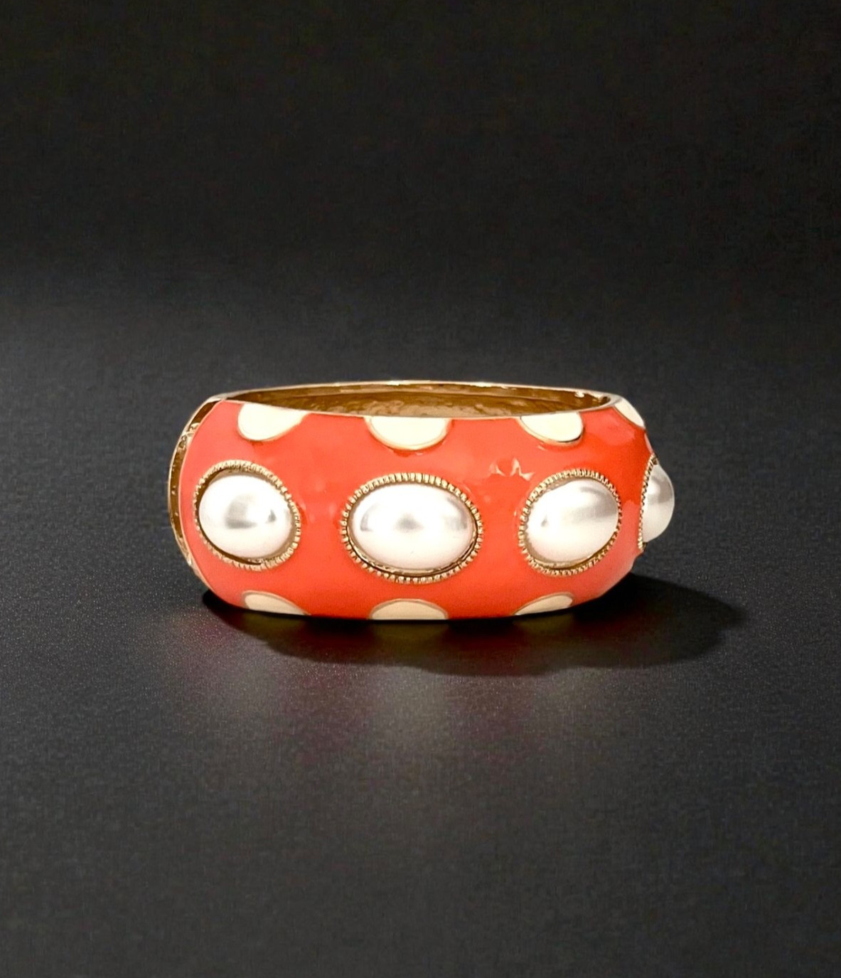 1.3/8″ Wide Orange & Beige Enamel Faux Pearl Chunky Statement Bracelet
