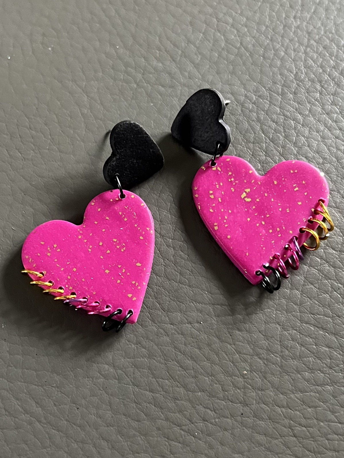 Magenta & Black Heart Earrings – Rock Style Handmade Polymer Clay Earrings