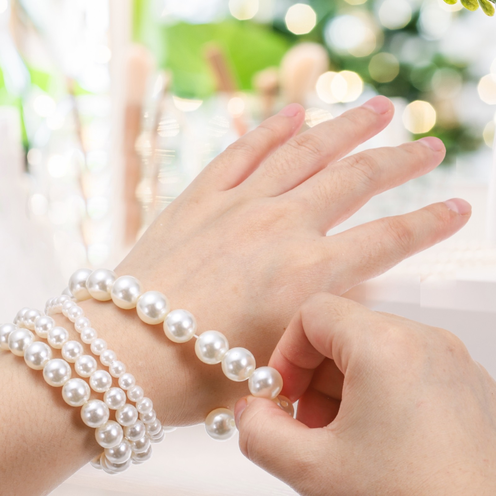 10 Pcs White Pearl Bracelets for Women, 14mm Pearl Stretch Bracelet, Beige