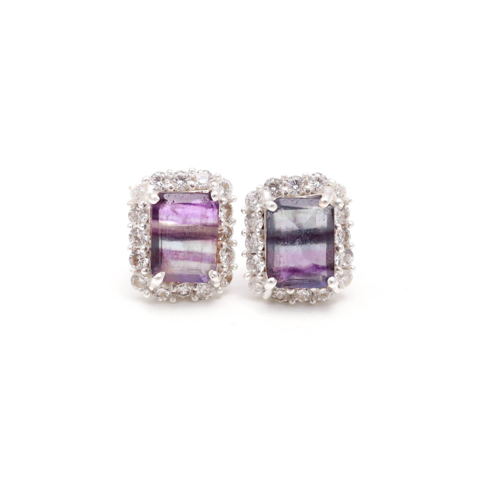 Natural Fluorite Octagon Stud Earrings 925 Sterling Silver Moissanite Jewelry