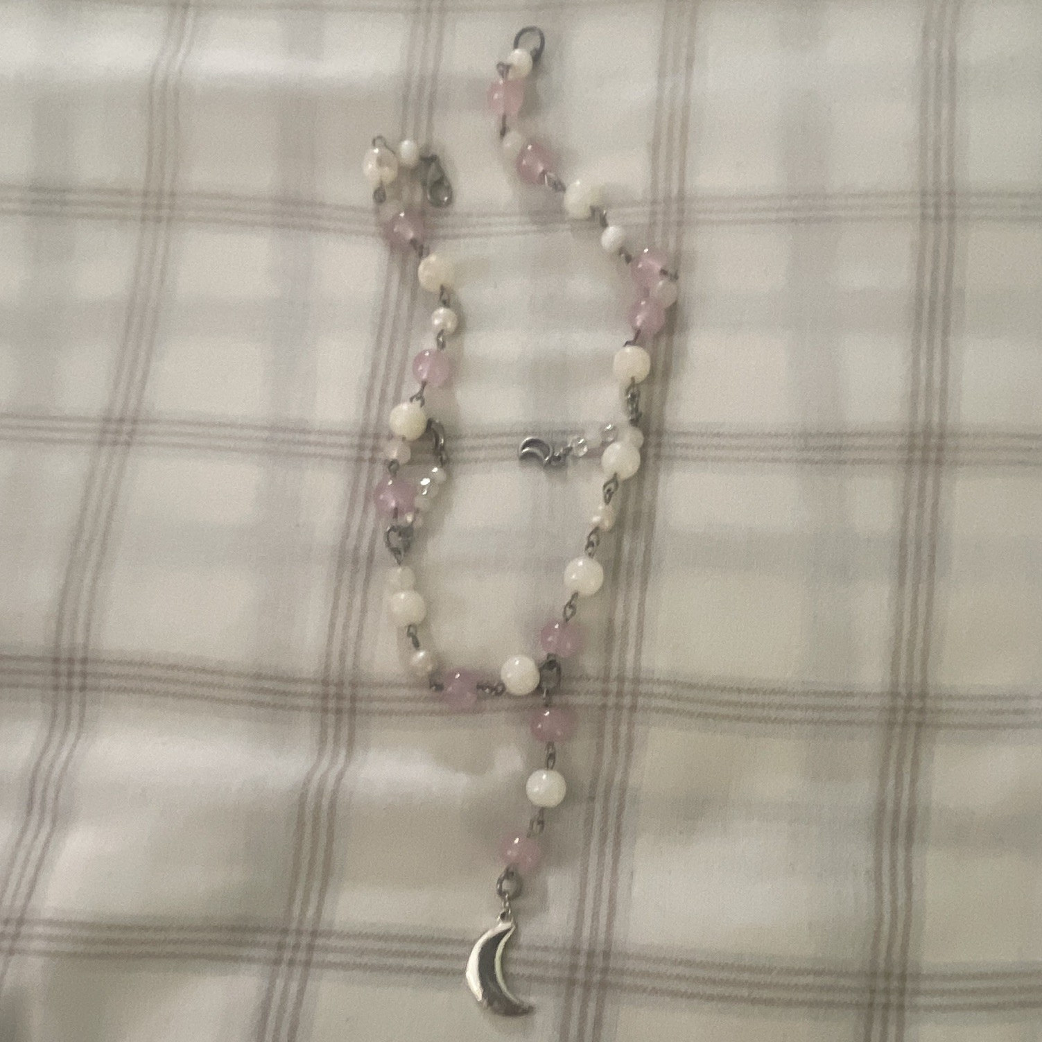 Pink & White Round Beaded Necklace w/ Crescent Moon Charm, Lobster Clasp