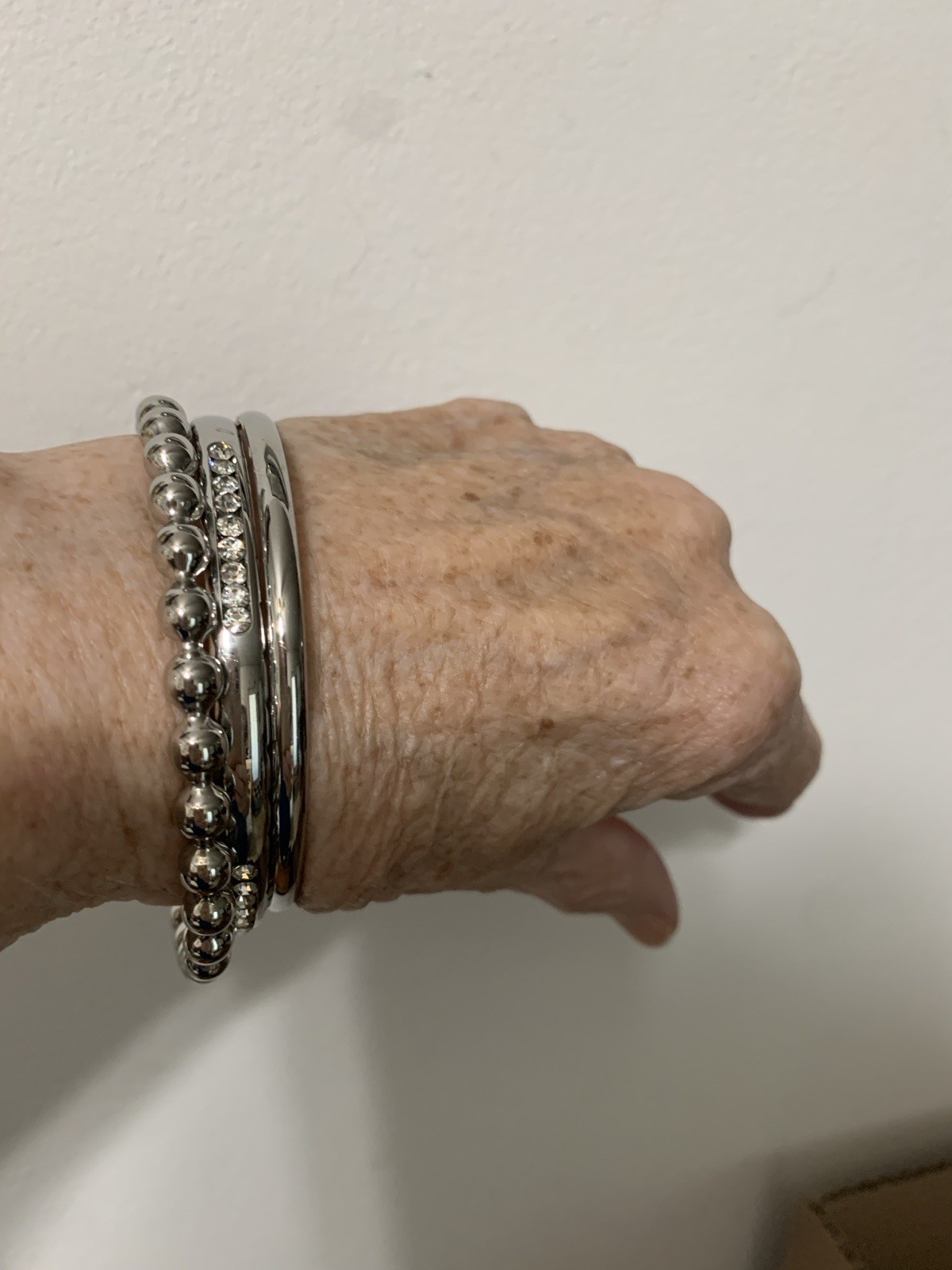 Three Stainless Steele Bangle Bracelets 8” Each, plain, ball &channel designed