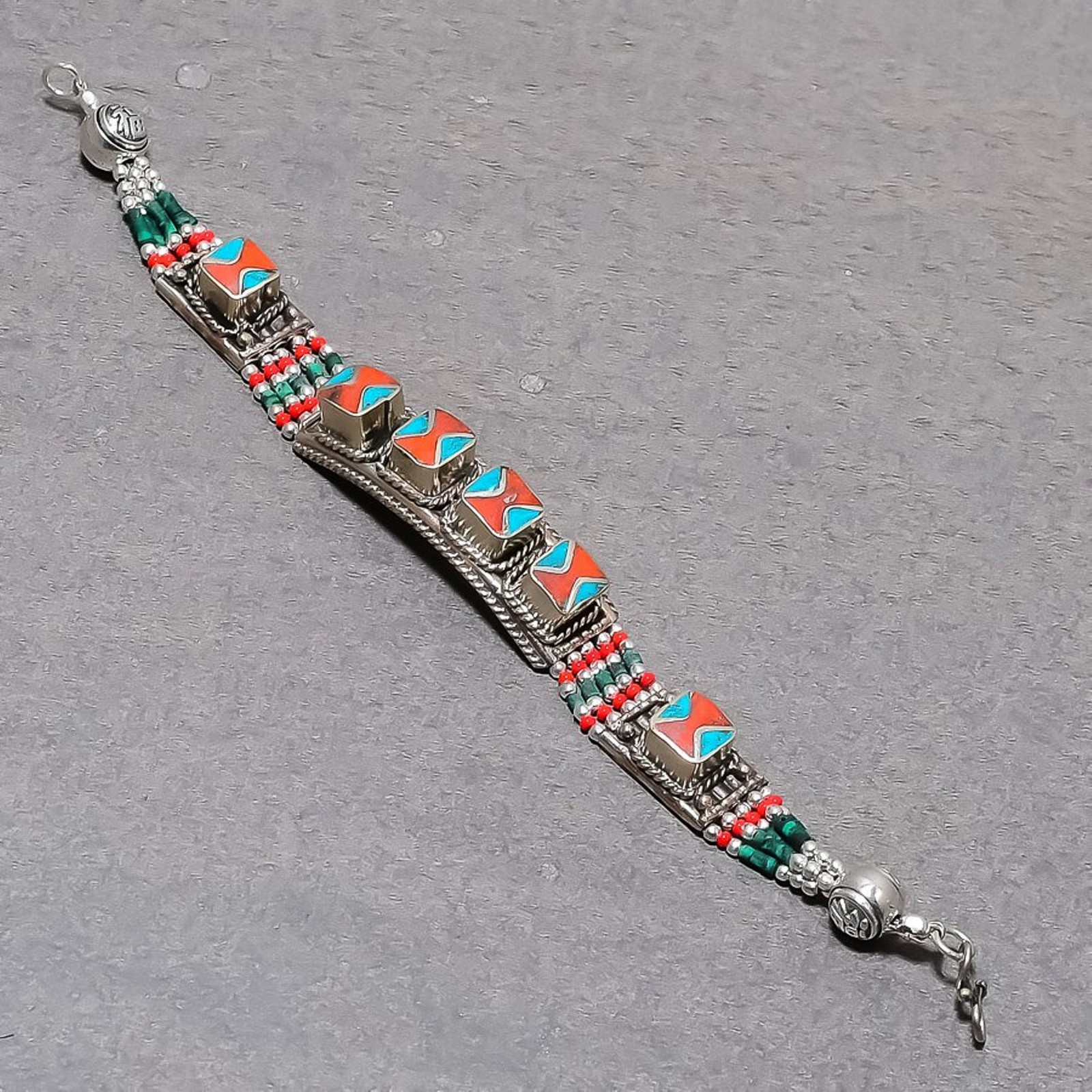 Red Coral Turquoise Bracelet Handmade Bahamas Tibetan Nepali Jewelry 7″ NBB 3428