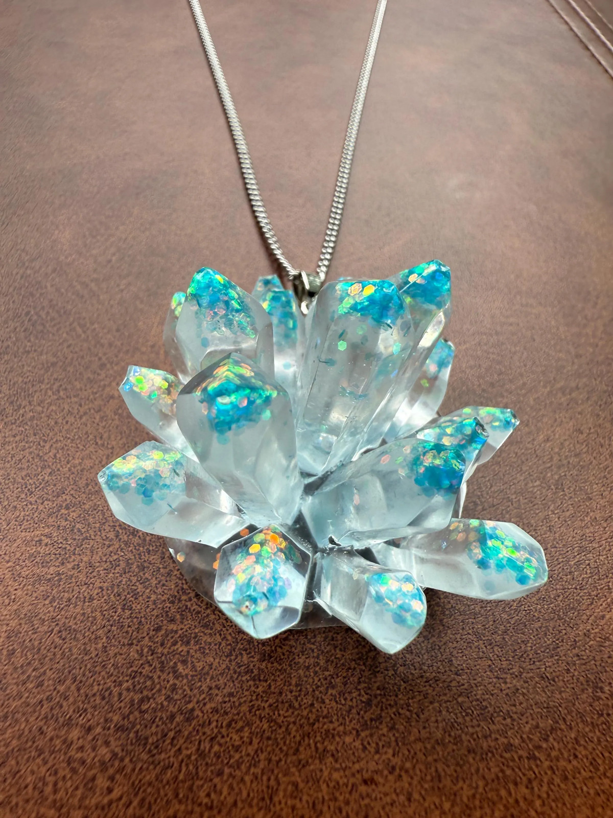 Crystal Cluster Resin Necklace | Iridescent Blue Pendant | 18 In Steel Chain
