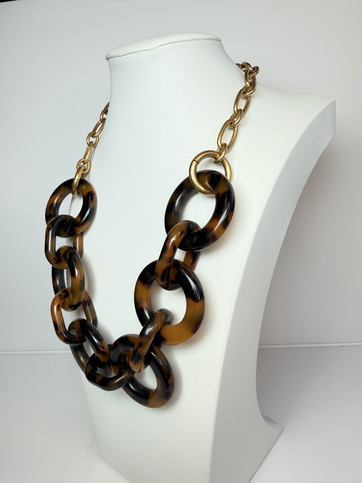 J.Crew Tortoise Resin Statement Necklace Gold Tone Chain Adjustable