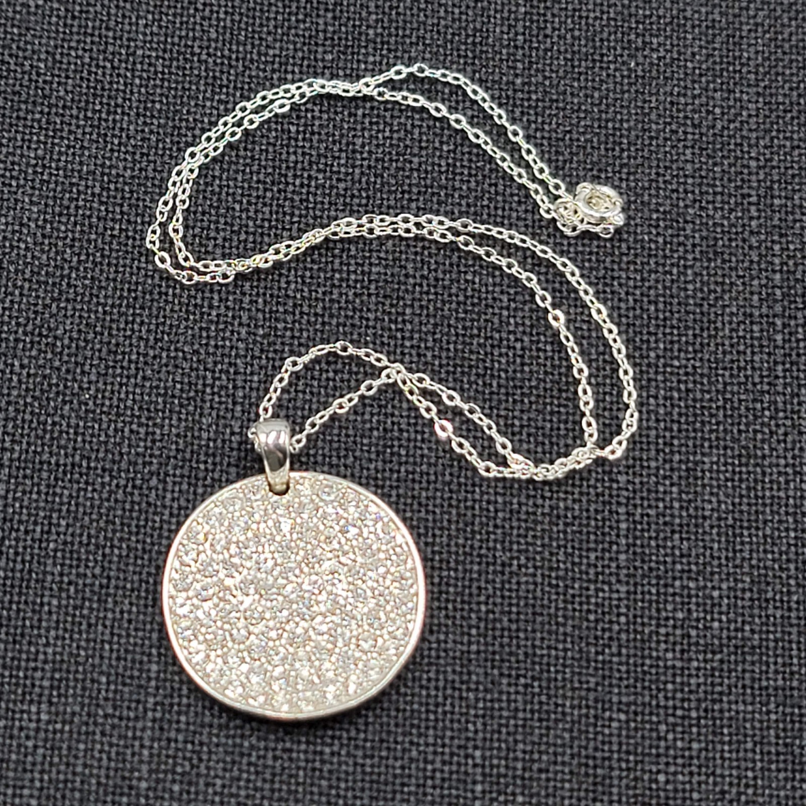 Pave Crystal Round Pendant Necklace Silver tone 18″ adj