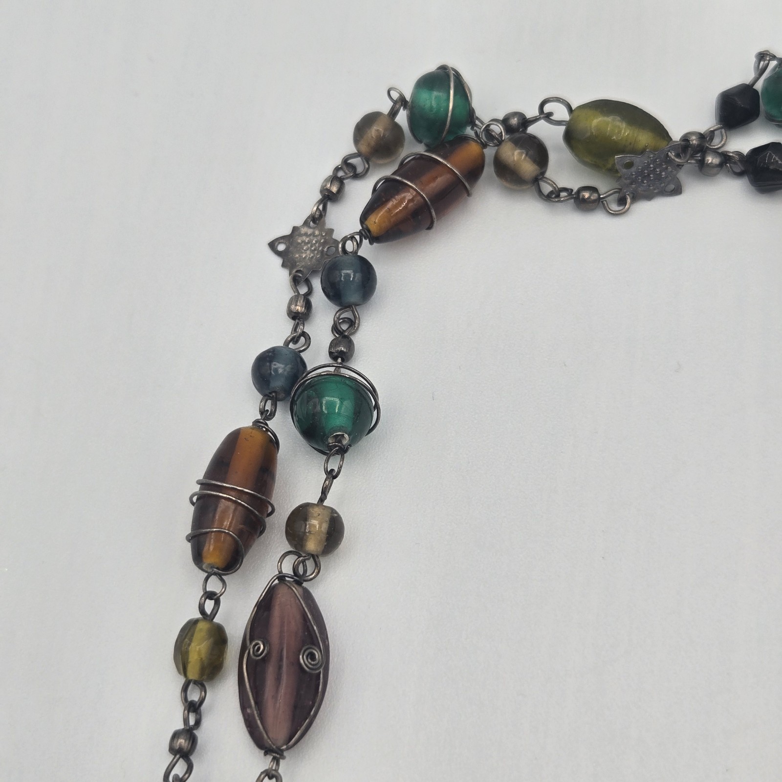 Boho Multicolor Beaded Necklace Long Wire Wrapped Glass Bead Statement Jewelry