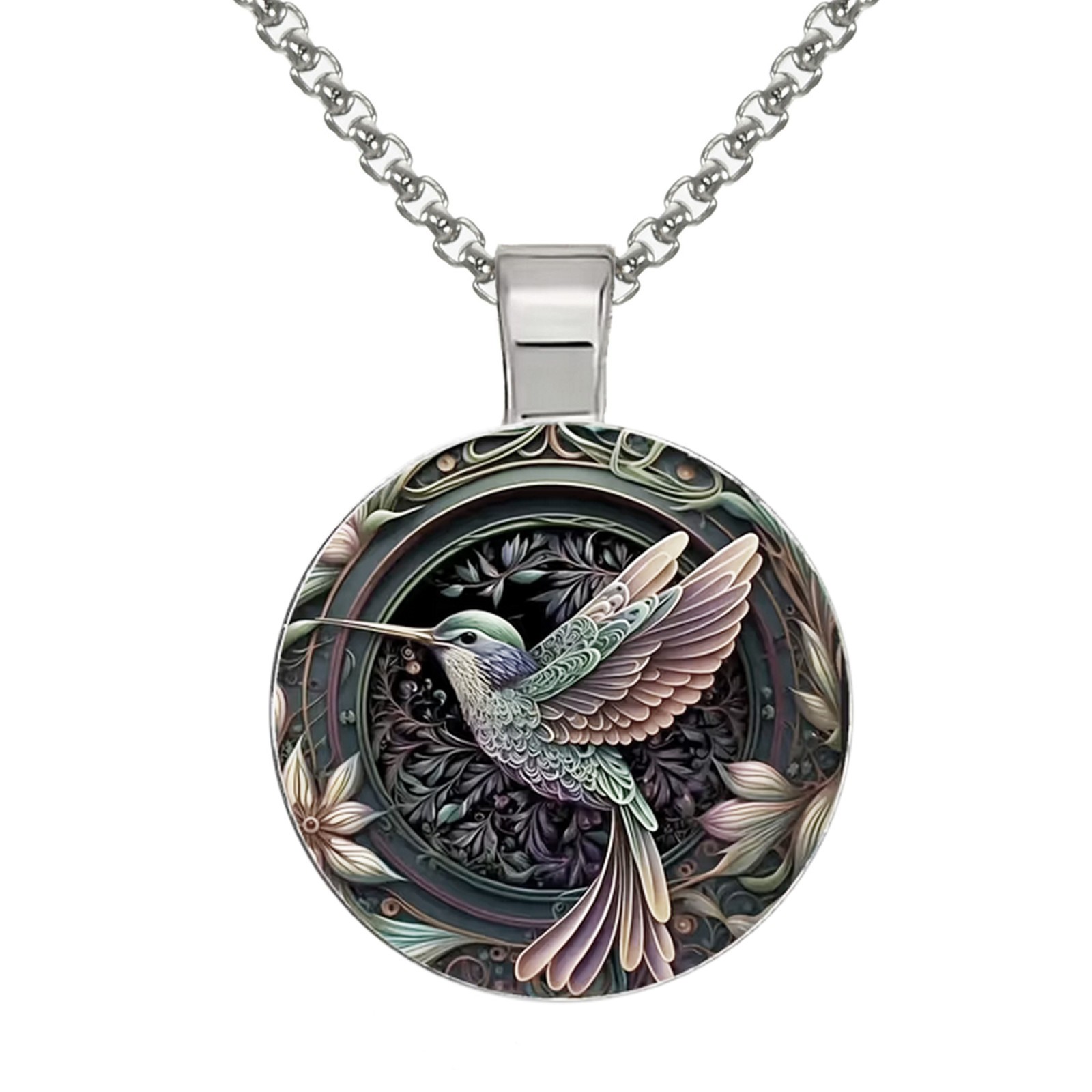 Intricate Blue Hummingbird Boho Pendant, Stainless Steel Necklace