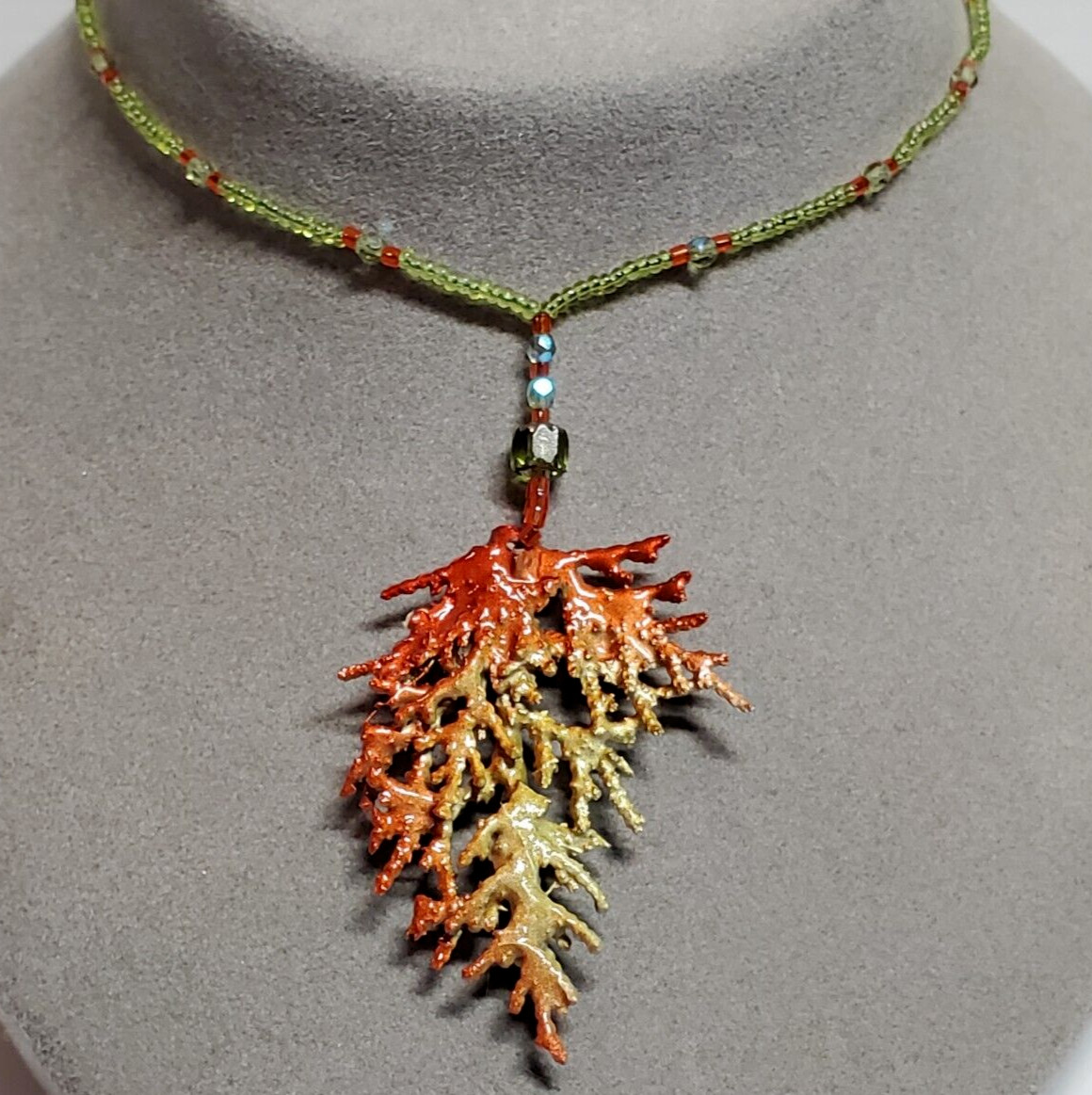 Handmade Orange Green Enamel Natural Juniper Branch Pendant Bead 16″ Necklace