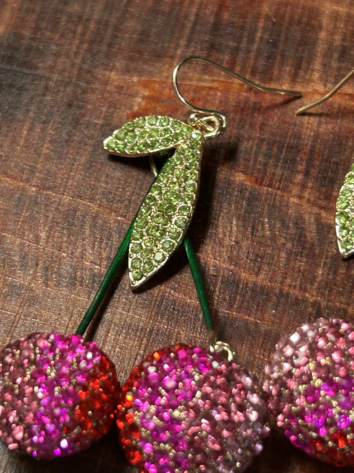 Unsigned Rhinestone Pink Red Ombre Cherry Drop Dangle Earrings Fruit Statement