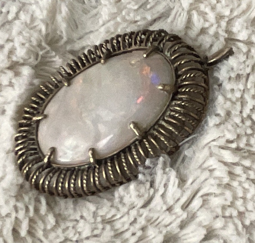 Oval White Opal Pendant, Silver Metal, Prong Set, Silver Tone, 1 Gemstone