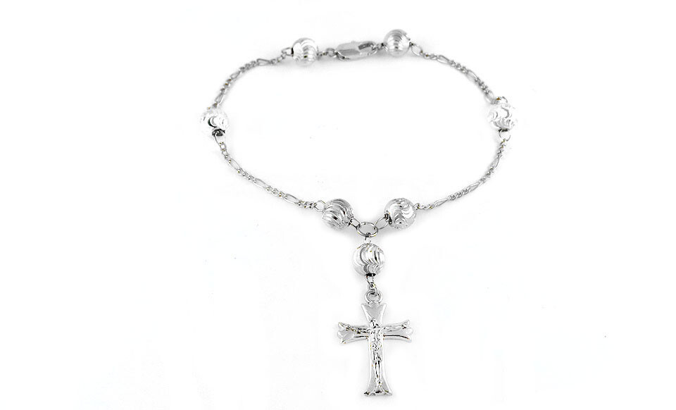 18K Gold Plated 8 Inch Beaded Rosary Jesus Cross Bracelet – Multiple Options