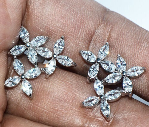 Pretty New Silver Filled Clear White Marquis CZ Triple Flower Stud Earrings