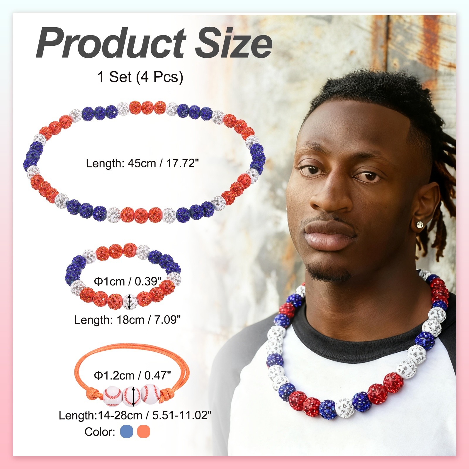 4Pcs Baseball Necklace Set 7″ Bling Beaded Chain 18″ Bracelet Orange/Blue