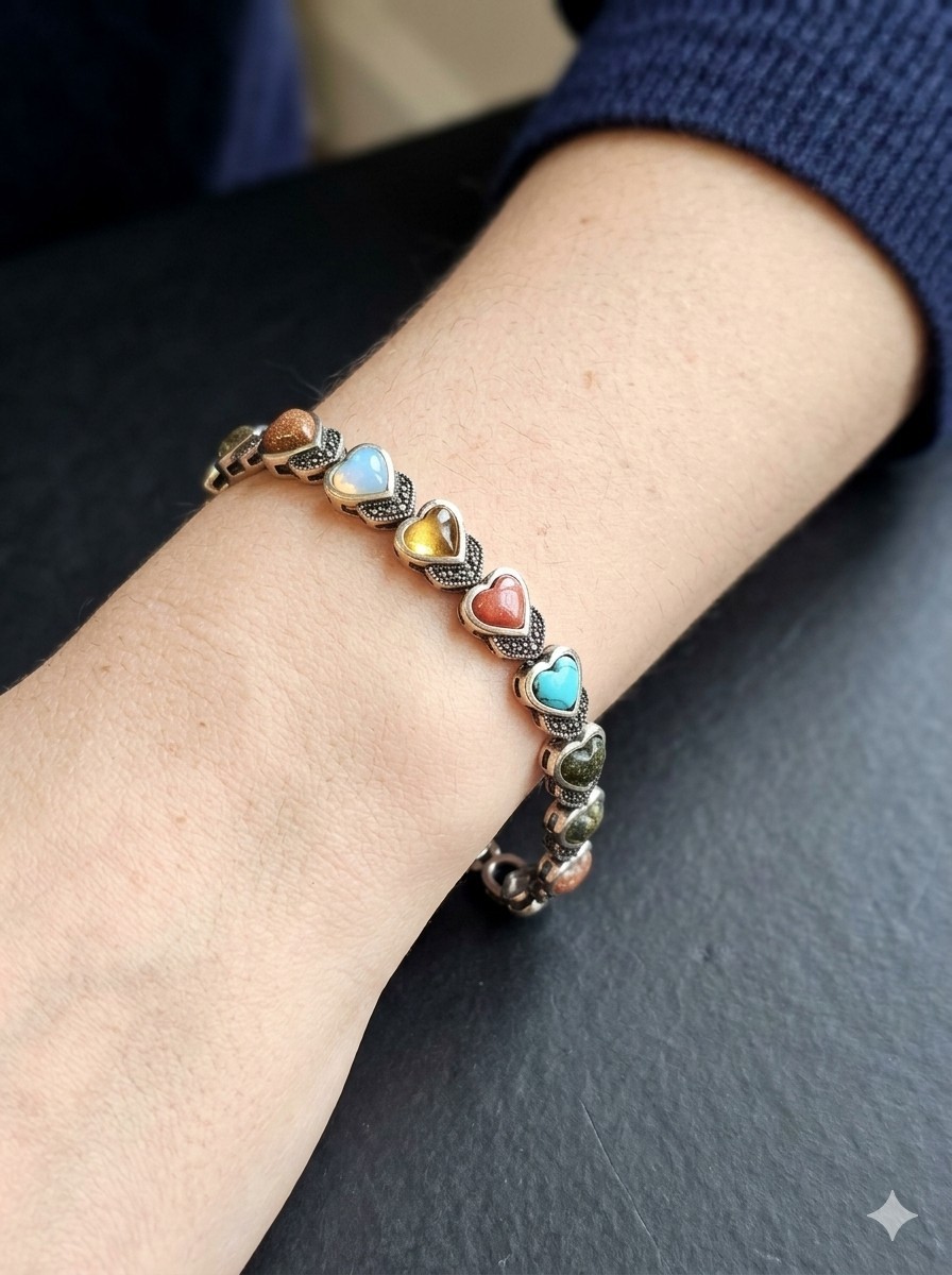 Silver Tone Multicolor Heart Link Bracelet w/ Slide Closure Love Charm Chain