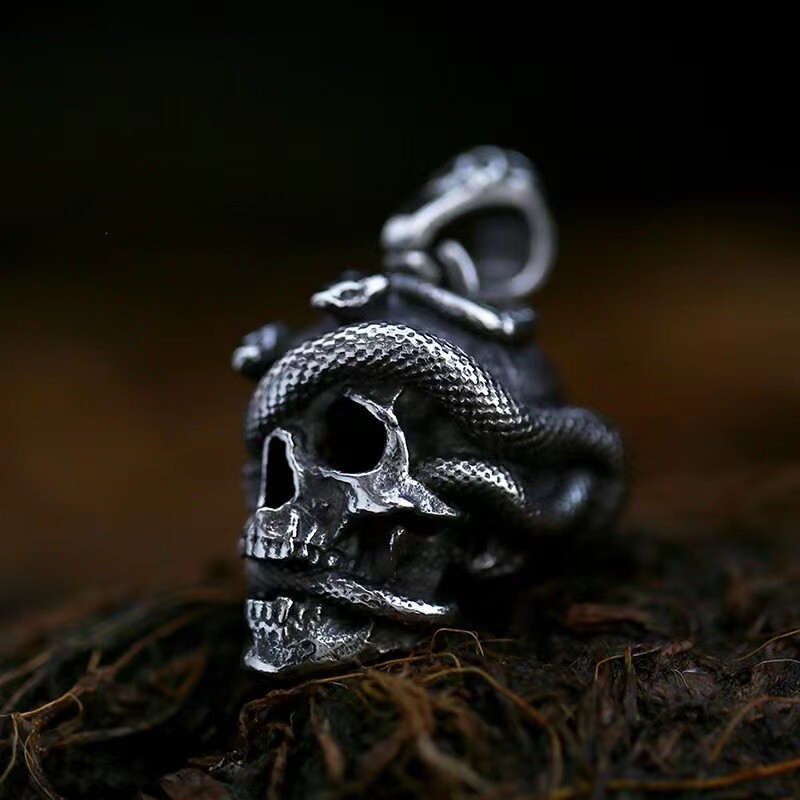 Gothic Retro Silver Snake Skull Pendant Necklace Punk Jewelry Stainless Steel