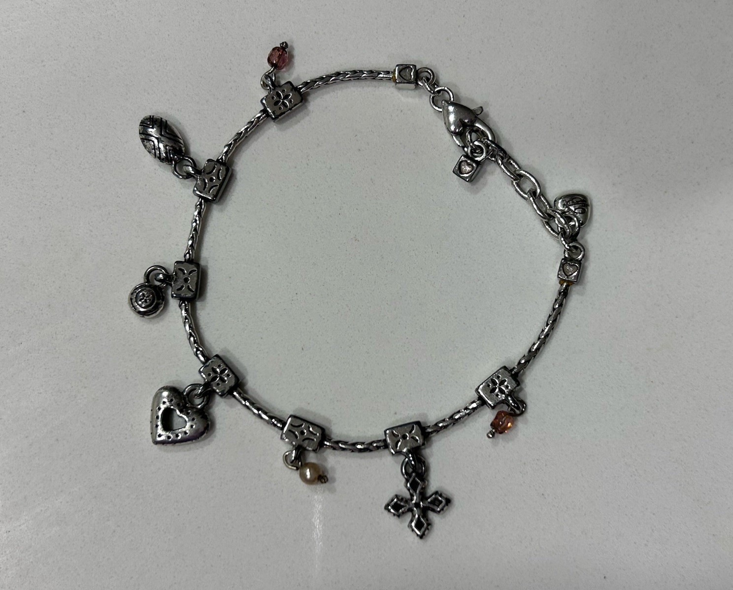 Brighton Amber Heart Retired Vintage Cross Silver Plated Charm Bracelet