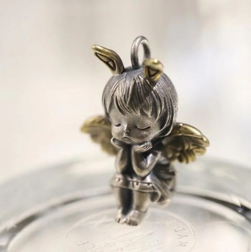 Vintage Cute Angel Girls Pendant Necklace Metal Angel Wings Necklace for Women