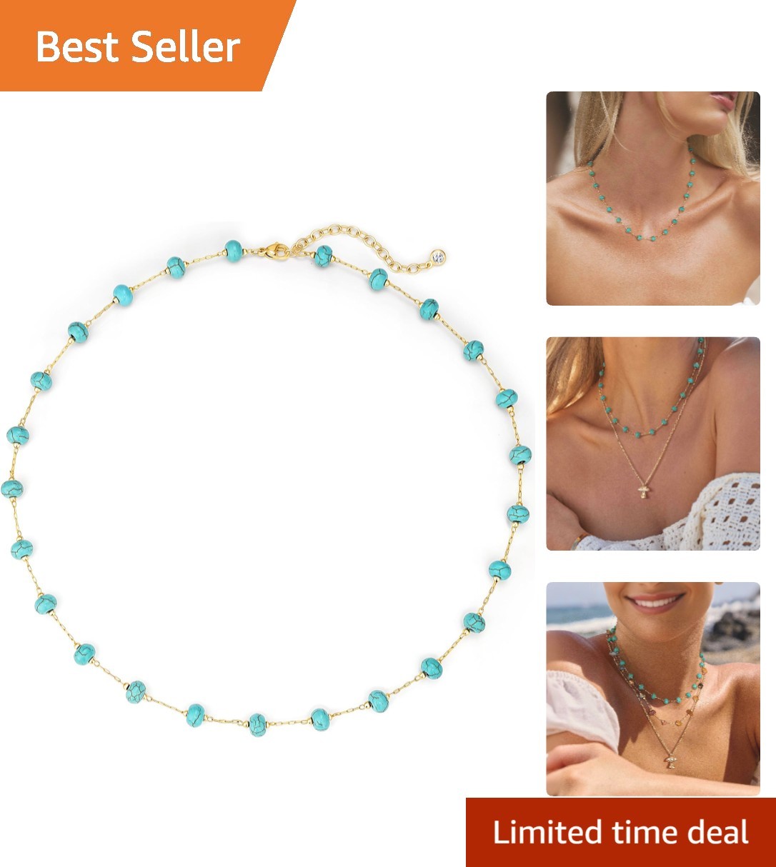 Chic Created Turquoise Beaded Choker Necklace – 14K Gold/Silver Plated, 15.7 in