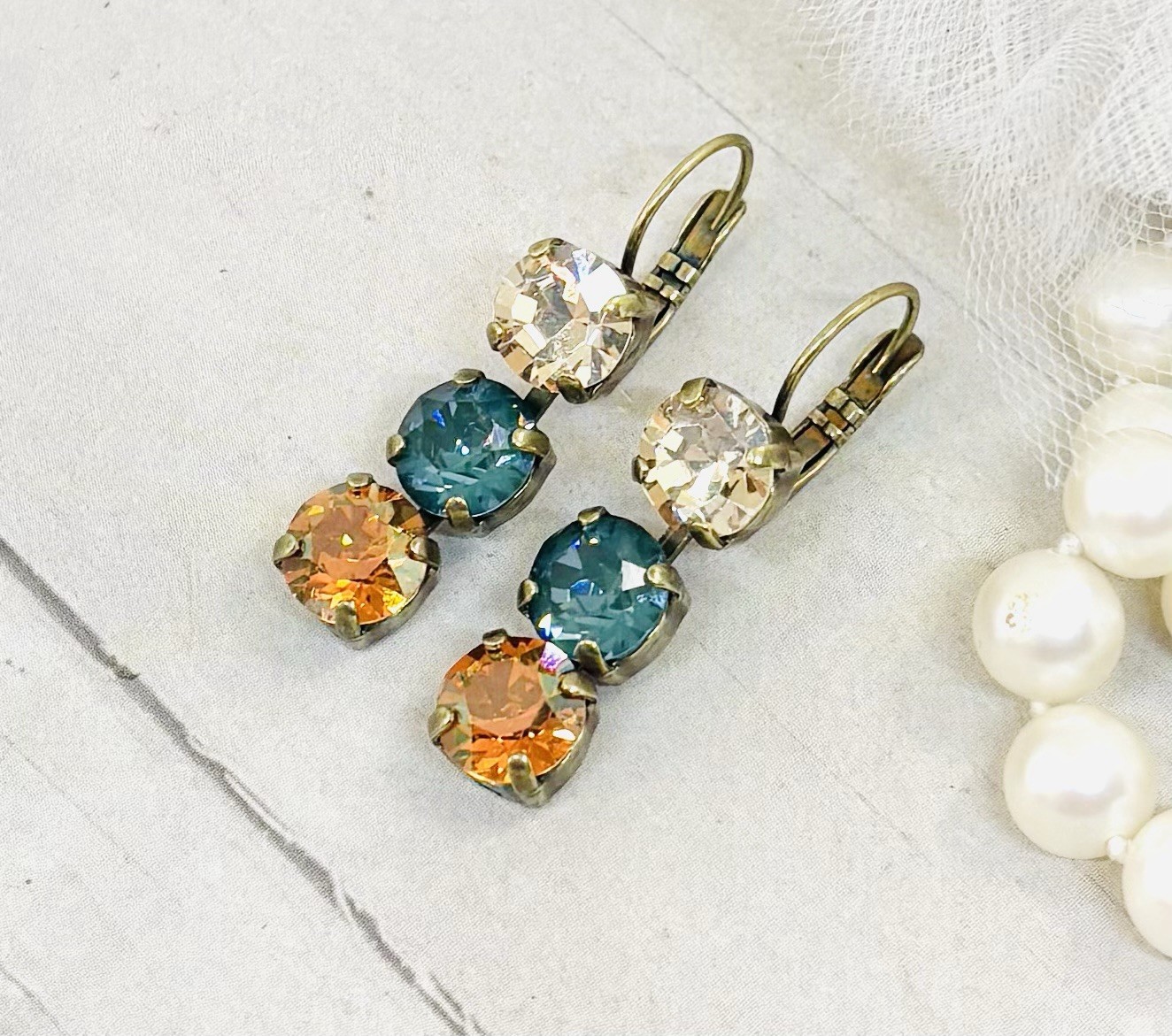 Fall Antique Brass Plated Pine Green Ignite Triple Stone Cup Chain Earrings