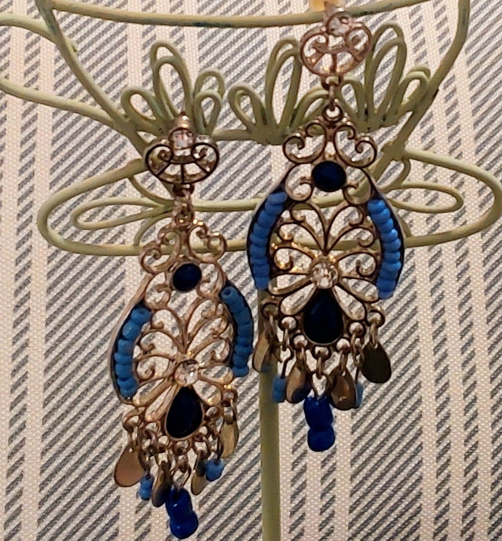 Blue Gold Tone Art Deco Teardrop Dangle/Drop Earrings, Stud Backing