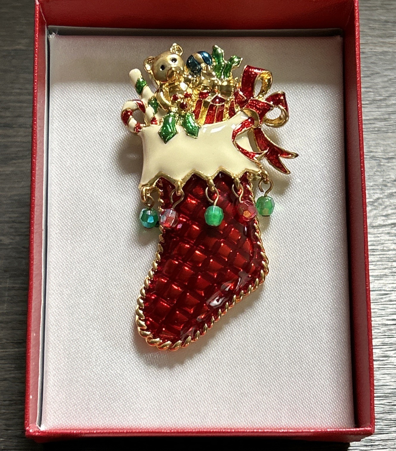 Christopher Radko Pin Christmas Toy Presents Stocking Enamel Red Signed Brooch