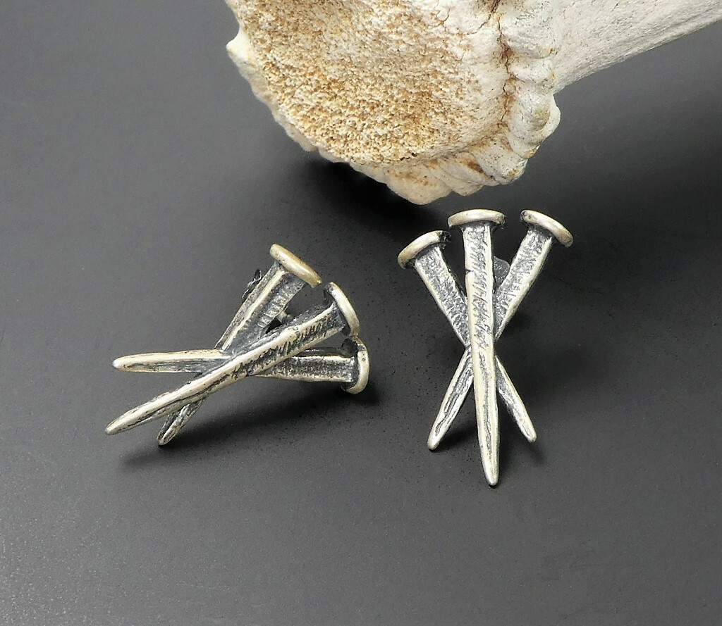 Antiqued Solid 925 Sterling Silver Triple Nails Post Stud Earrings Unique Gothic