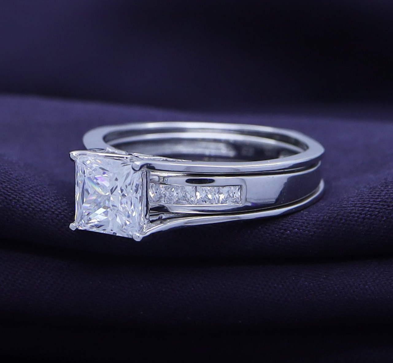 Engagement Wedding Band Ring Set Princess Cut 925 Sterling Silver