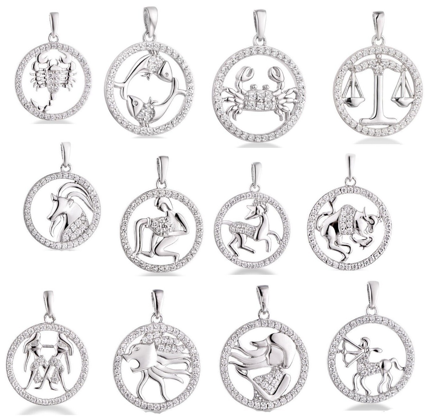 Zodiac Signs Symbols CZ Charm Pendant Necklace 925 Sterling Silver Astrology