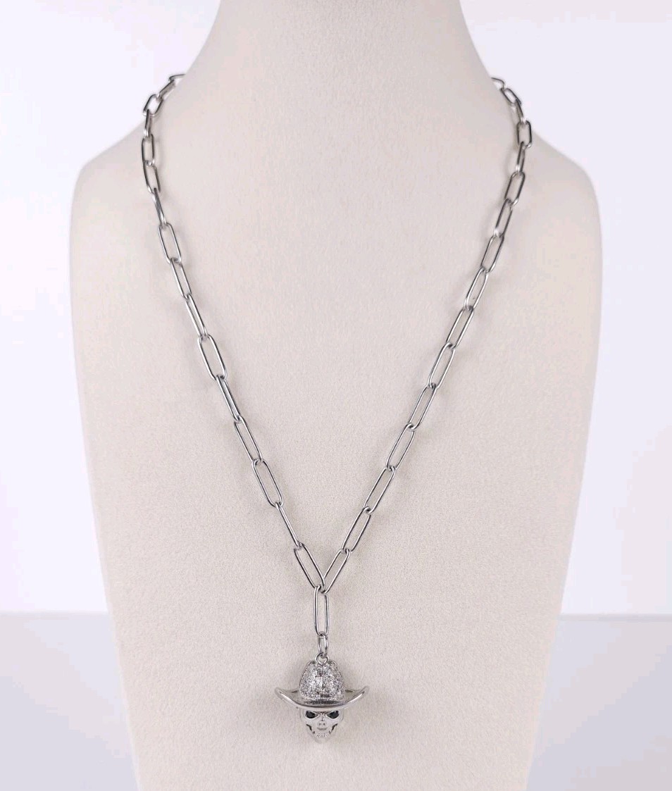 Dalmata Silvertone Chain Necklace with Cowboy Hat Skull Drop Pendant