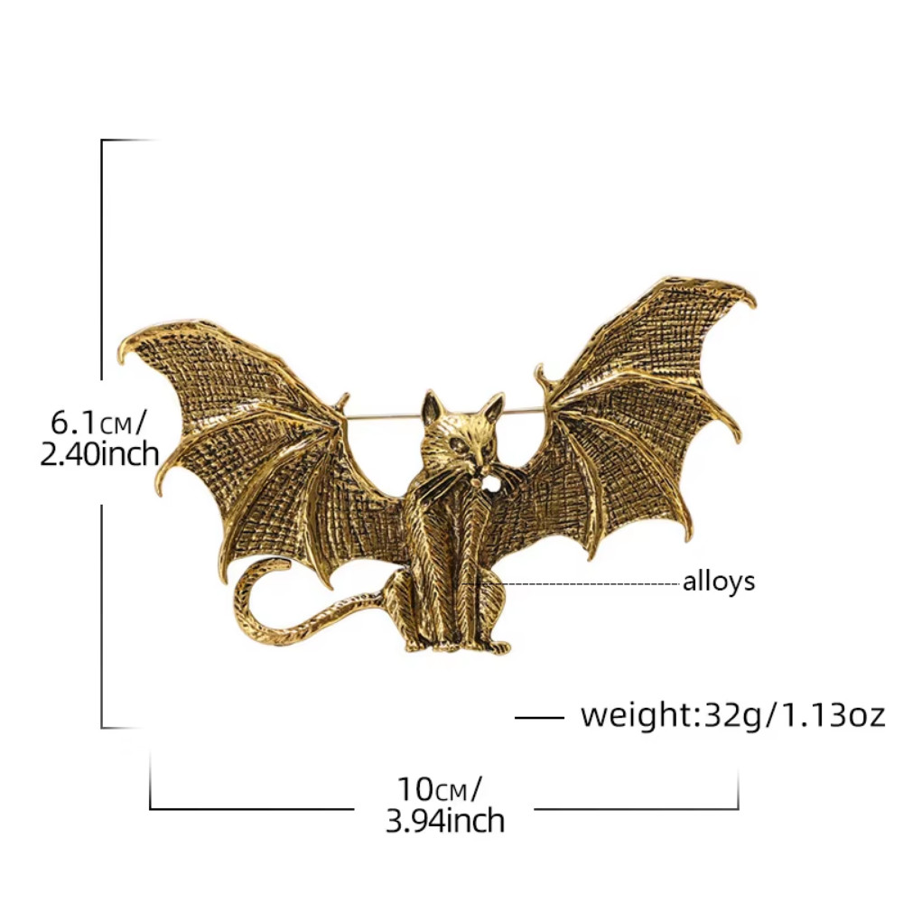 LARGE Halloween Silver Tone Wing Cat Bat Brooch Pin Gothic Jewelry Costume Gift